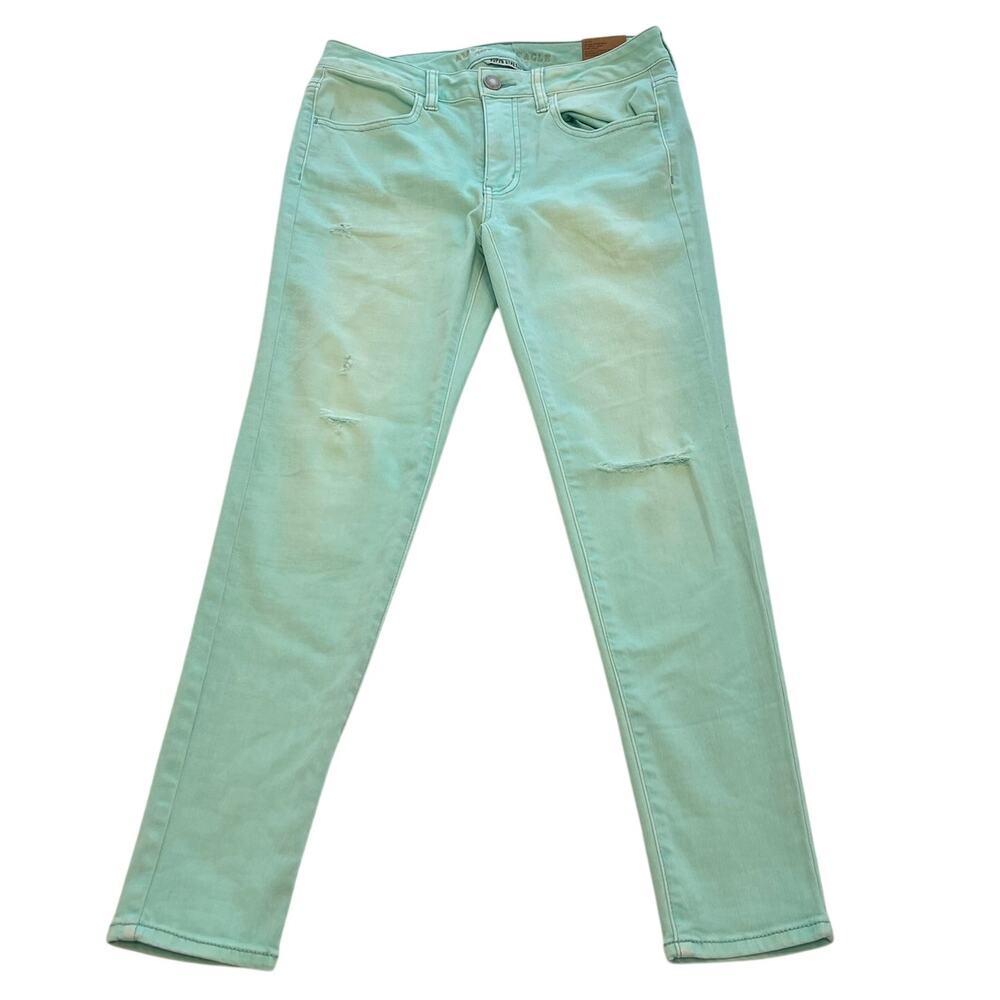 NWT American Eagle Womens 8 Jeans Pistachio Green Super Stretch Distressed Denim